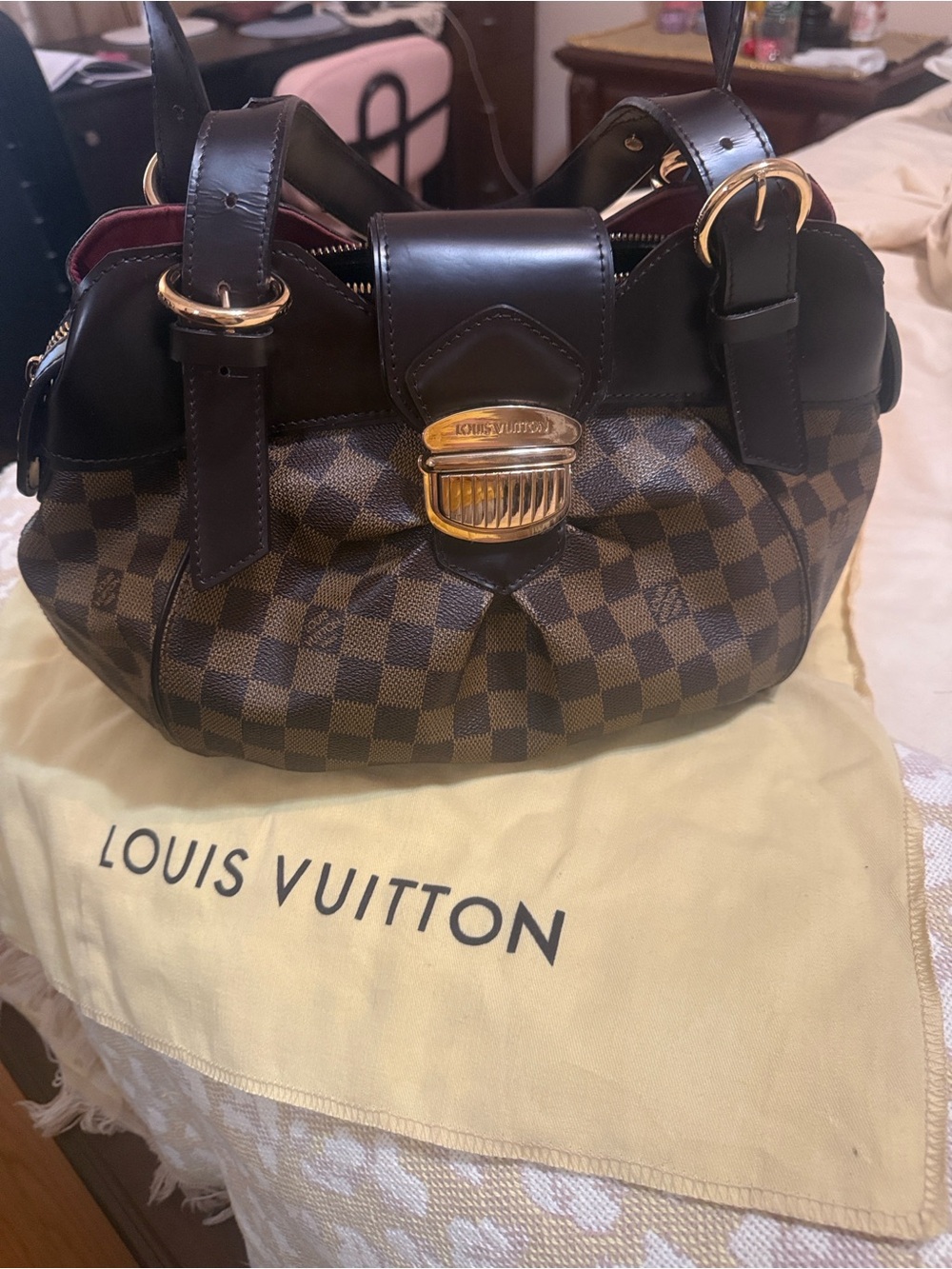 Louis Vuitton Brown Damier Ebene Satchel with Gold Hardware